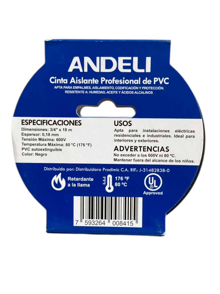 TEIPE - CINTA AISLANTE PVC NEGRO 3/4"X18m 600V ANDELI