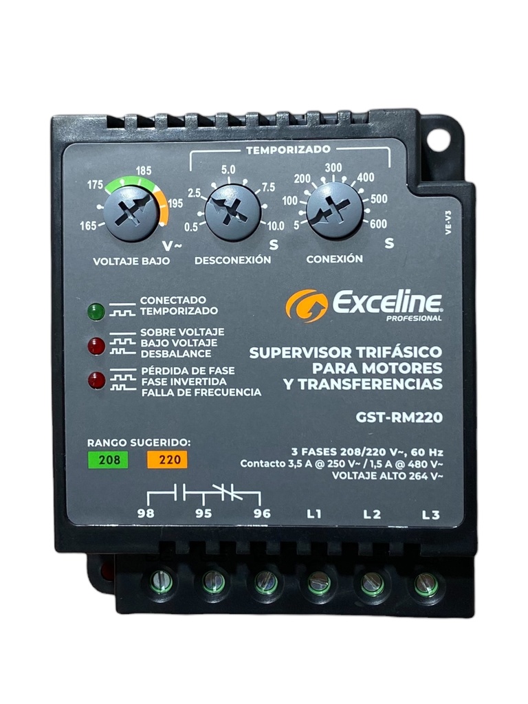 SUPERVISOR DE VOLTAJE TRIFASICO P/MOTORES, TRANSFERENCIAS Y BOMBAS 208/220V GST-RM220 MARCA EXCELINE