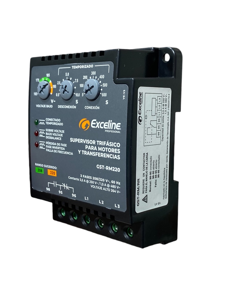 SUPERVISOR DE VOLTAJE TRIFASICO P/MOTORES, TRANSFERENCIAS Y BOMBAS 208/220V GST-RM220 MARCA EXCELINE
