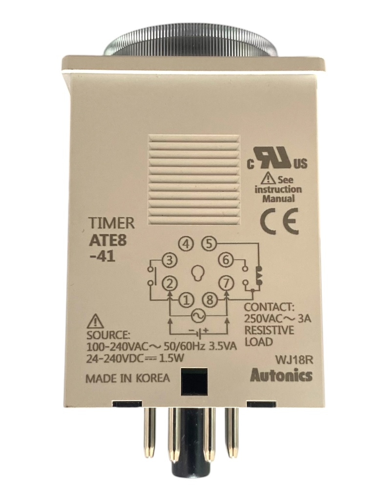 TEMPORIZADOR ANALOGICO 8 PINES/ ON DELAY/ 0.1-1 SEG/ 1-10 MIN/ 1 HORAS/ SAL: SPDT + A INSTANTANEO/ ALIMENT: 110V-220V AC/ 24-240V