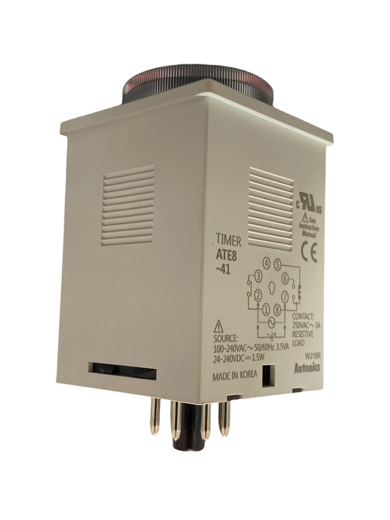 TEMPORIZADOR ANALOGICO 8 PINES/ ON DELAY/ 0.1-1 SEG/ 1-10 MIN/ 1 HORAS/ SAL: SPDT + A INSTANTANEO/ ALIMENT: 110V-220V AC/ 24-240V