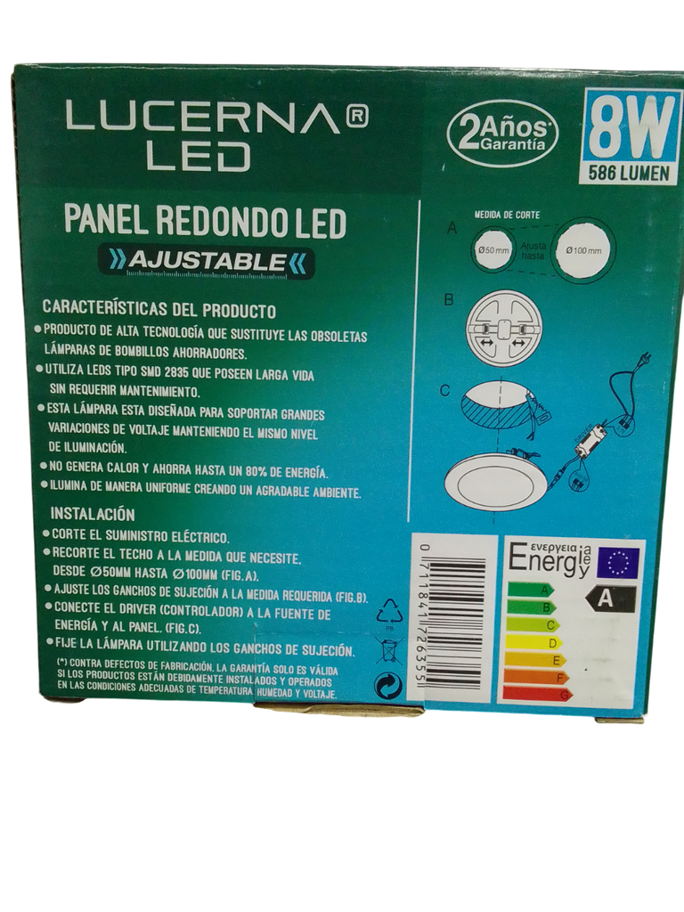 PANEL LED 8W REDONDO AJUSTABLE 85-265V IP40 6.500°K 586LM