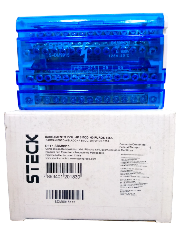 BLOQUE DE DISTRIBUCION 4P 8 MODULOS 125 A 18 KACC 15 CONEXIONES 
