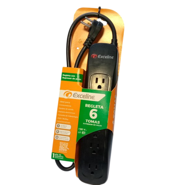REGLETA SUPRESOR DE PICOS 350 JOULES 6 TOMAS CON CABLE 0,8 m INTERRUPTOR 10A NEGRA GMT-6-120308