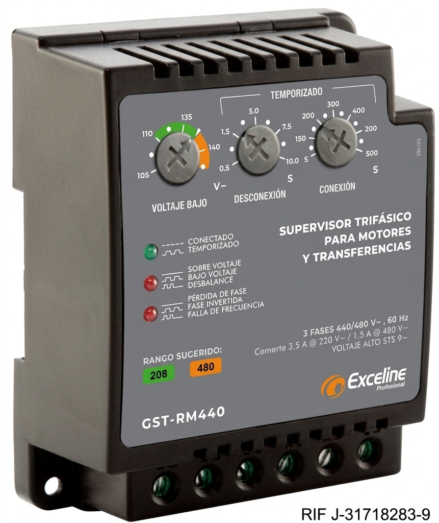 SUPERVISOR DE VOLTAJE TRIFASICO P/MOTORES, TRANSFERENCIAS Y BOMBAS 208/220V GST-RM220 MARCA EXCELINE