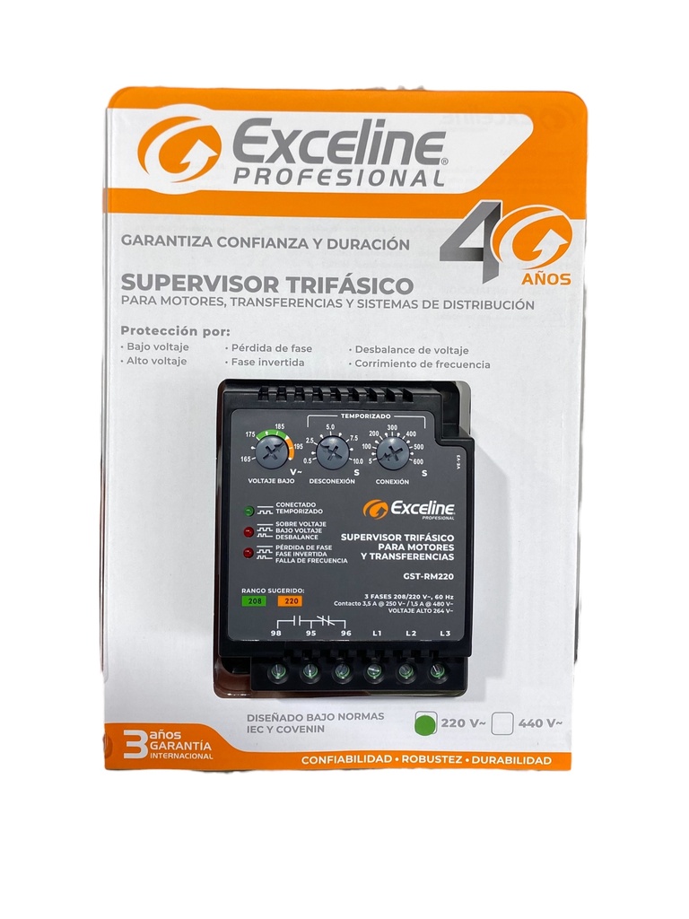 SUPERVISOR DE VOLTAJE TRIFASICO P/MOTORES, TRANSFERENCIAS Y BOMBAS 208/220V GST-RM220 MARCA EXCELINE