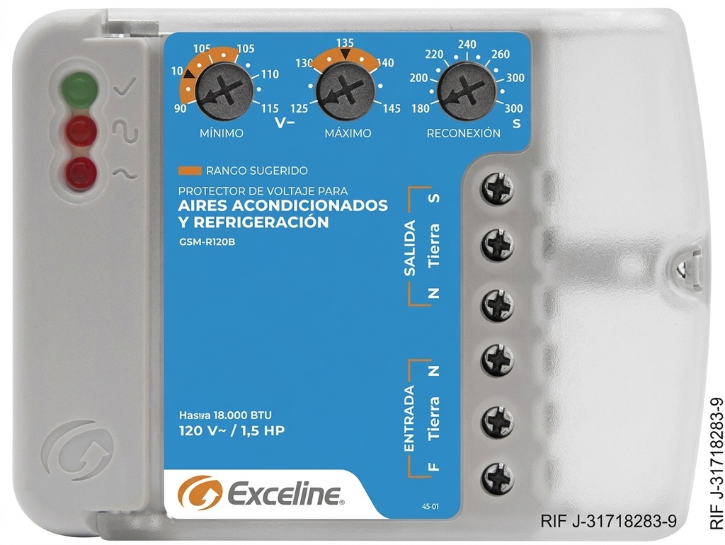 PROTECTOR DE VOLTAJE AIRES ACONDICIONADOS Y REFRIGERACION HASTA 18.000 BTU 120V BORNERA
