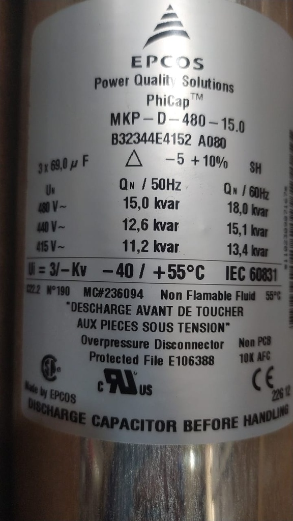 CAPACITOR/CONDENSADOR 18KVAR 480VAC 60HZ TRIFASICO PARA COMPENSACION REACTIVA