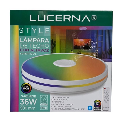[S-631-RGB] PLAFON DEC. C/ALTAVOZ RGB IP20 BLUETOOTH 36 W Ø500 X 95 MM DIMMER C/CONTROL