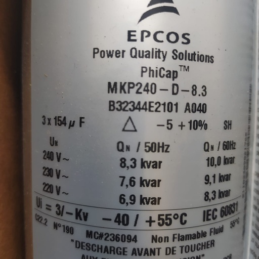 [MKP240-D-8.3] CAPACITOR/CONDENSADOR 10KVAR 240VAC 60HZ TRIFASICO PARA COMPENSACION REACTIVA