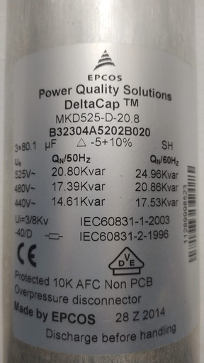 [MKD525-D-20.8] CAPACITOR/CONDENSADOR 20KVAR 480VAC 60HZ TRIFASICO PARA COMPENSACION REACTIVA